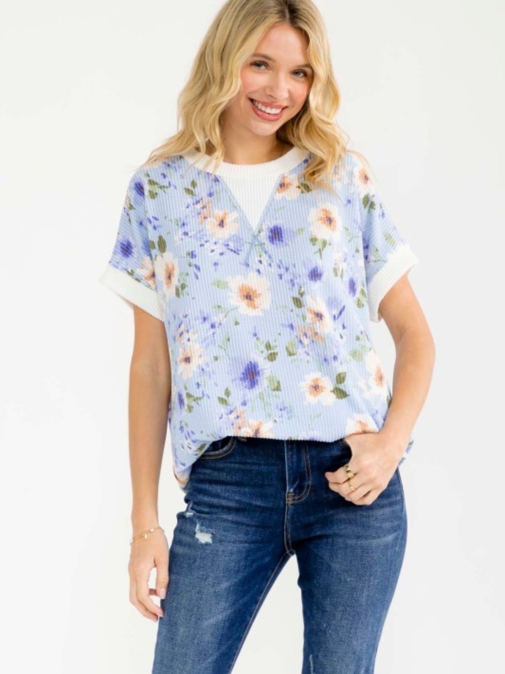 S61- Pastel Floral Ribbed Short Sleeve Tee with Cream Trim